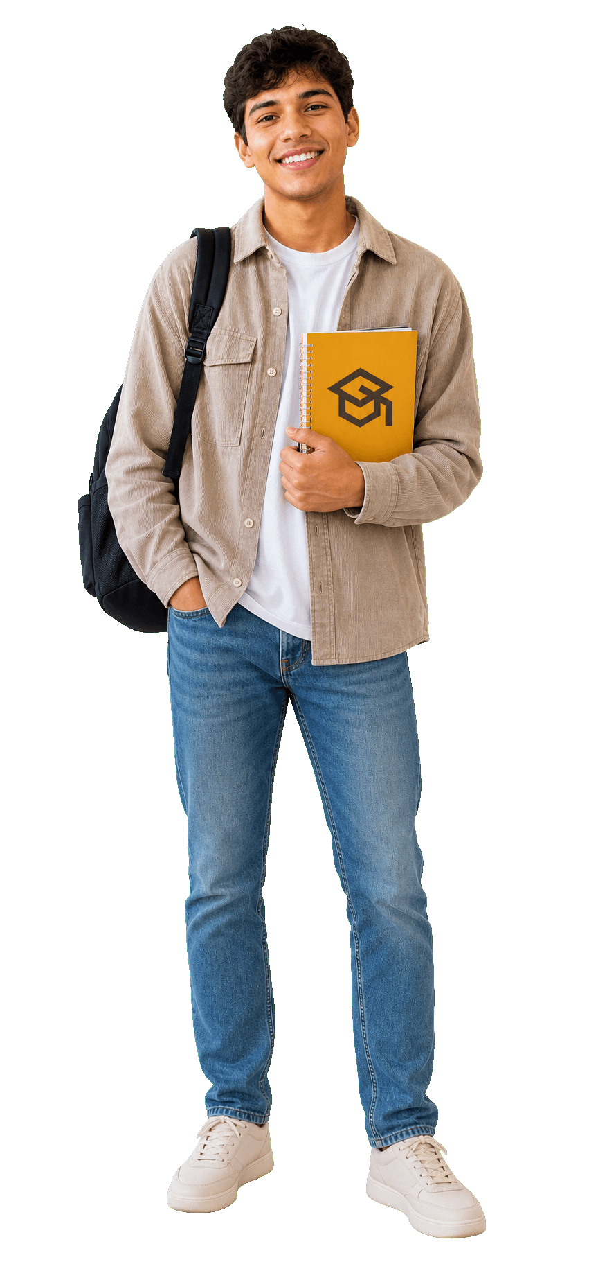 Aluno da Luffer School sorrindo e segurando um caderno